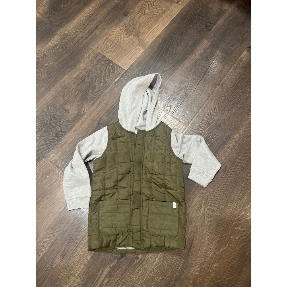 Tommy Bahama Boys Quilted Puffer Hybrid Hoodie Jacket Olive Green Gray‎ Size 5/6